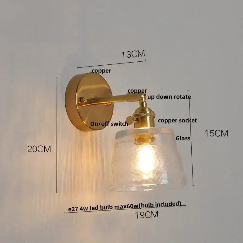 Vintage brass textured glass wall lamp bedroom pull chain led wall