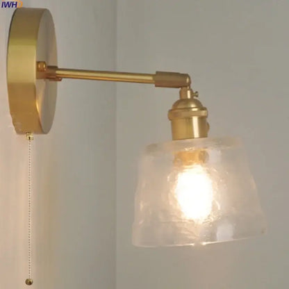 Vintage brass textured glass wall lamp bedroom pull chain led wall