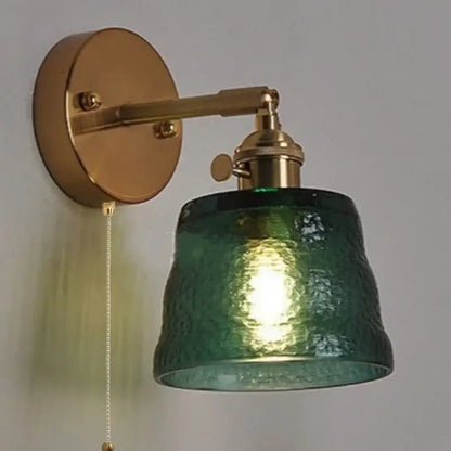 Vintage brass textured glass wall lamp bedroom pull chain led wall