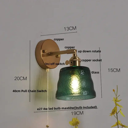 Vintage brass textured glass wall lamp bedroom pull chain led wall