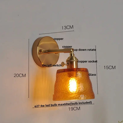 Vintage brass textured glass wall lamp bedroom pull chain led wall
