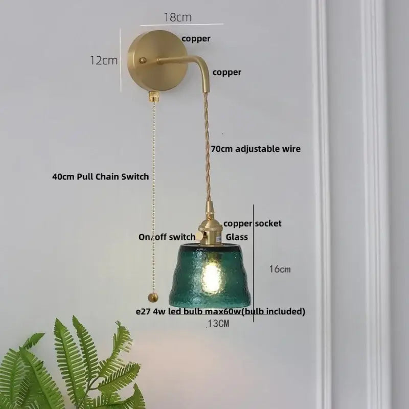 Vintage brass textured glass wall lamp bedroom pull chain led wall