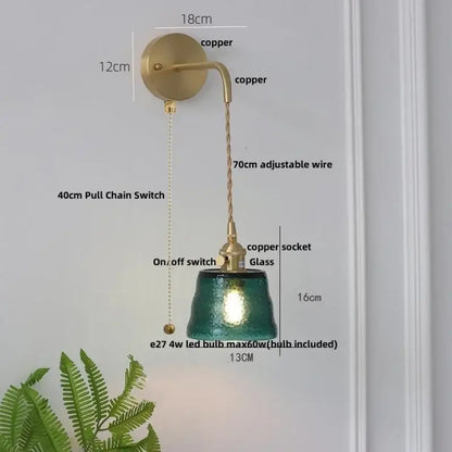 Vintage brass textured glass wall lamp bedroom pull chain led wall