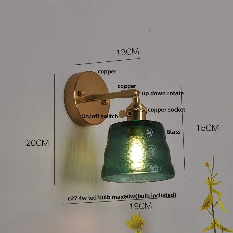 Vintage brass textured glass wall lamp bedroom pull chain led wall