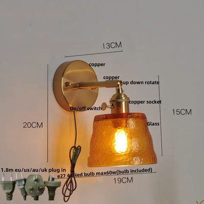 Vintage brass textured glass wall lamp bedroom pull chain led wall