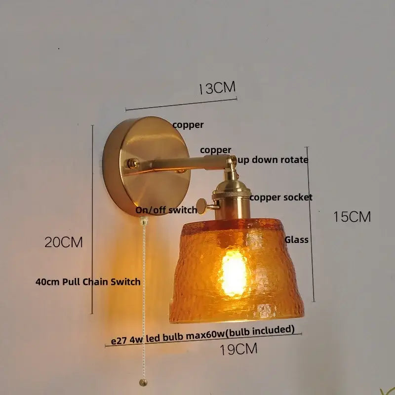 Vintage brass textured glass wall lamp bedroom pull chain led wall
