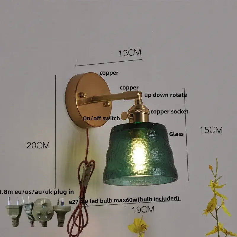 Vintage brass textured glass wall lamp bedroom pull chain led wall