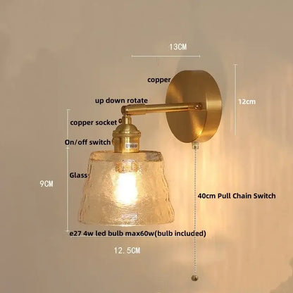 Vintage brass textured glass wall lamp bedroom pull chain led wall