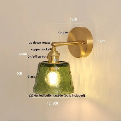Vintage brass textured glass wall lamp bedroom pull chain led wall