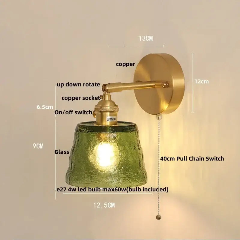 Vintage brass textured glass wall lamp bedroom pull chain led wall