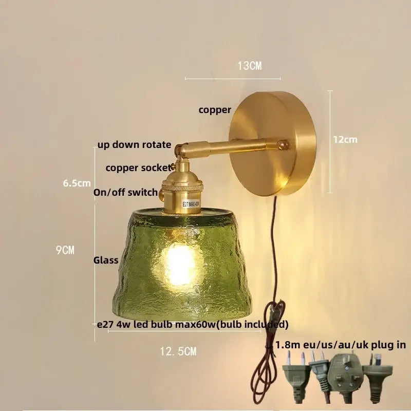 Vintage brass textured glass wall lamp bedroom pull chain led wall
