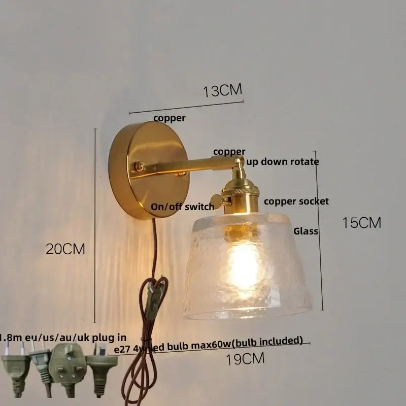 Vintage brass textured glass wall lamp bedroom pull chain led wall