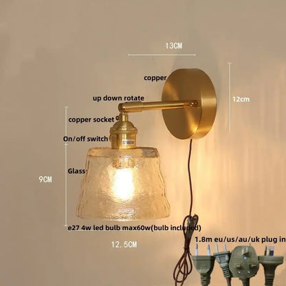Vintage brass textured glass wall lamp bedroom pull chain led wall