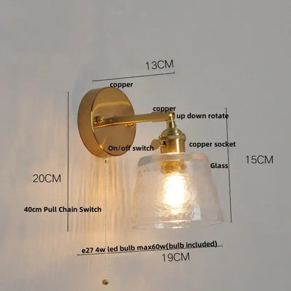 Vintage brass textured glass wall lamp bedroom pull chain led wall