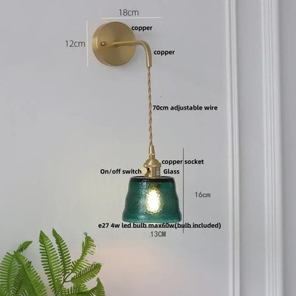 Vintage brass textured glass wall lamp bedroom pull chain led wall