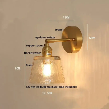 Vintage brass textured glass wall lamp bedroom pull chain led wall