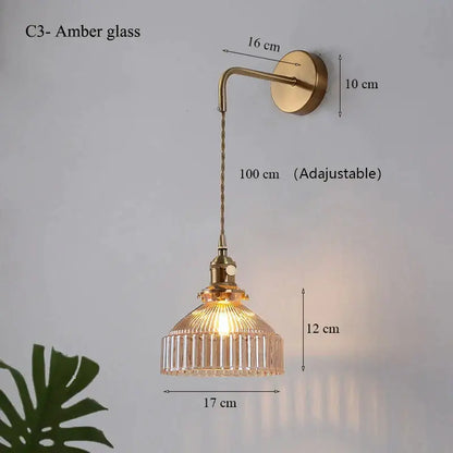 Vintage brass wall lamp with ribbed glass shade for living room