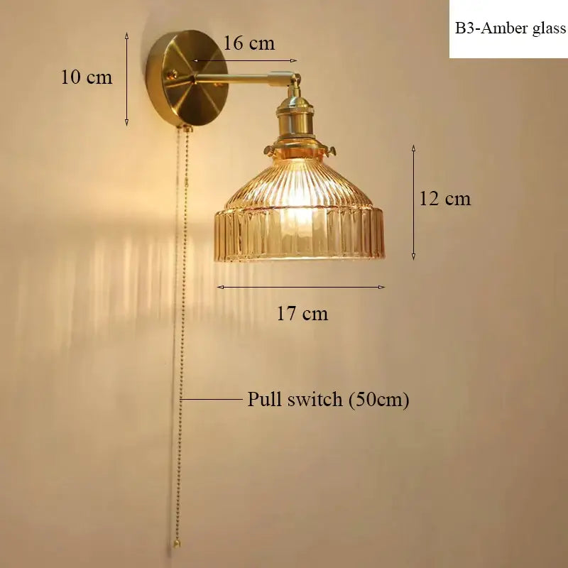 Vintage brass wall lamp with ribbed glass shade for living room