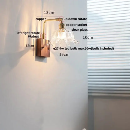 Vintage brass wall light with etched clear glass bedroom sconce