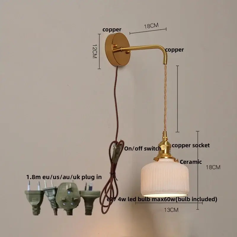 Vintage brass wall light with ribbed glass and knob switch bedroom