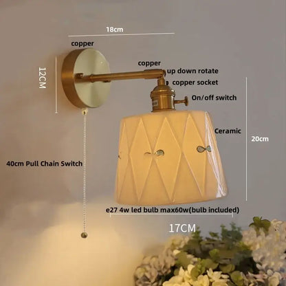 Vintage brass wall light with ribbed glass and knob switch bedroom