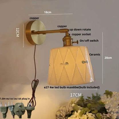 Vintage brass wall light with ribbed glass and knob switch bedroom