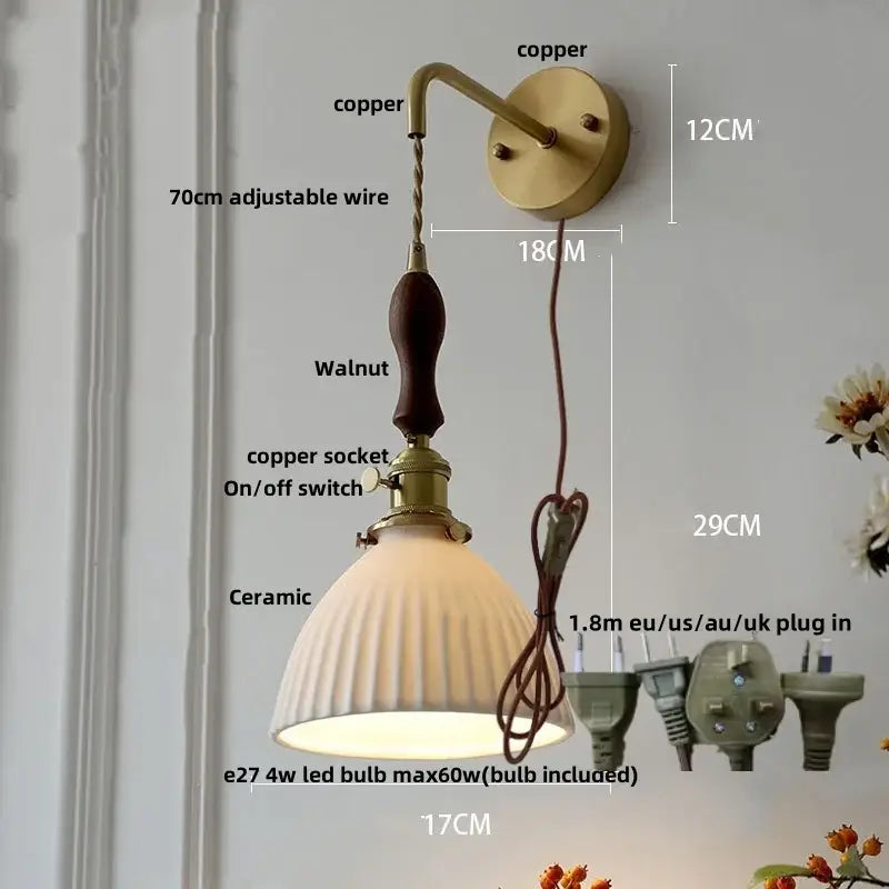 Vintage brass wall light with ribbed glass and knob switch bedroom