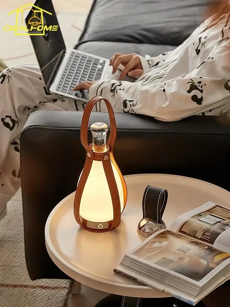 Vintage brown leather grapefruit table lamp bedroom portable light