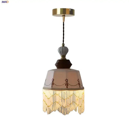 Vintage brown wood ceramic pendant lights bedroom beaded fringe