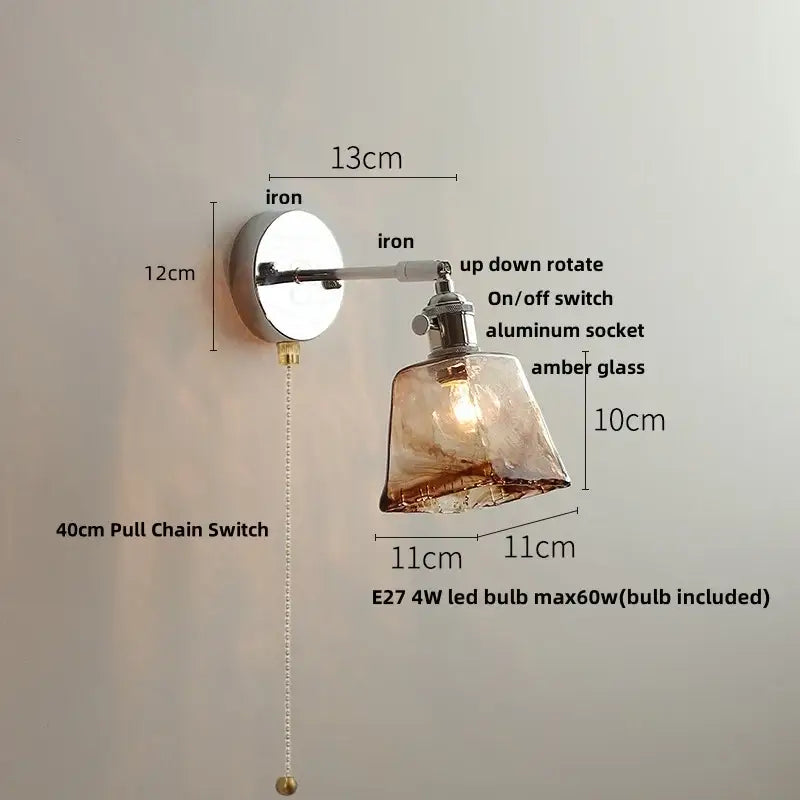 Vintage brushed nickel led wall light bedroom glass sconce