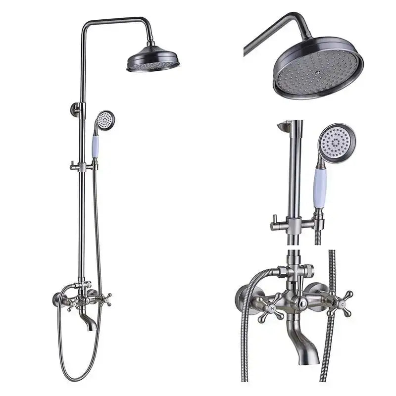 Vintage brushed nickel & white bathroom shower mixer faucet handshower
