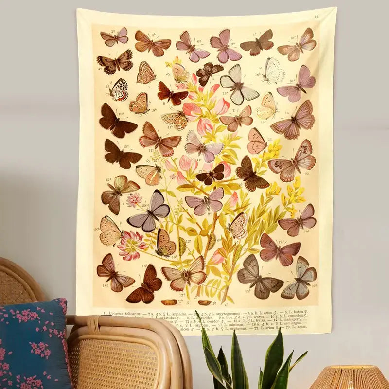 Vintage butterfly botanical tapestry wall hanging bedroom decor