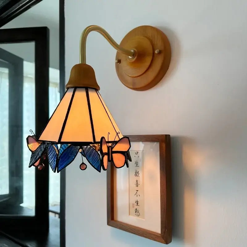 Vintage butterfly glass wall light bedroom copper arm pink & blue