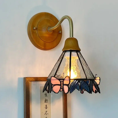 Vintage butterfly glass wall light bedroom copper arm pink & blue