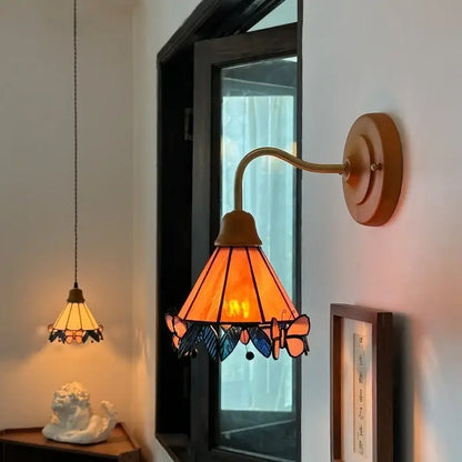Vintage butterfly glass wall light bedroom copper arm pink & blue