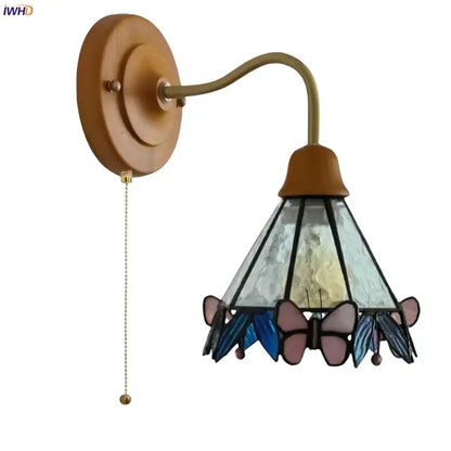 Vintage butterfly glass wall light bedroom copper arm pink & blue