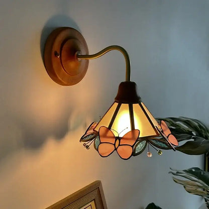 Vintage butterfly glass wall light bedroom copper arm pink & blue