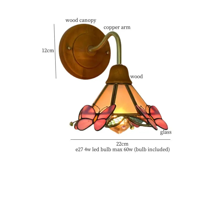 Vintage butterfly glass wall light bedroom copper arm pink & blue