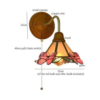 Vintage butterfly glass wall light bedroom copper arm pink & blue