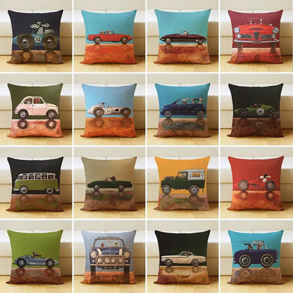 Vintage cartoon dog car pillow cover living room linen decor