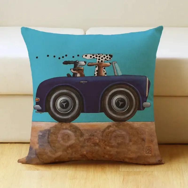 Vintage cartoon dog car pillow cover living room linen decor