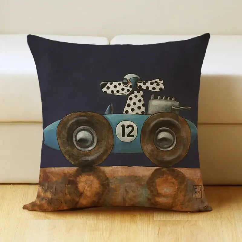 Vintage cartoon dog car pillow cover living room linen decor