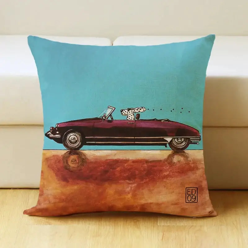 Vintage cartoon dog car pillow cover living room linen decor