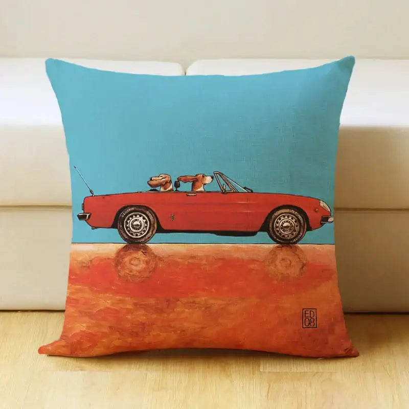 Vintage cartoon dog car pillow cover living room linen decor