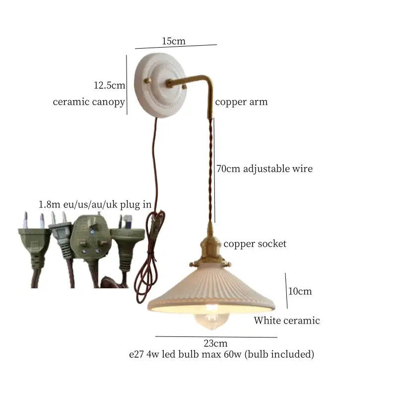 Vintage ceramic and brass wall sconce – bedroom adjustable led light