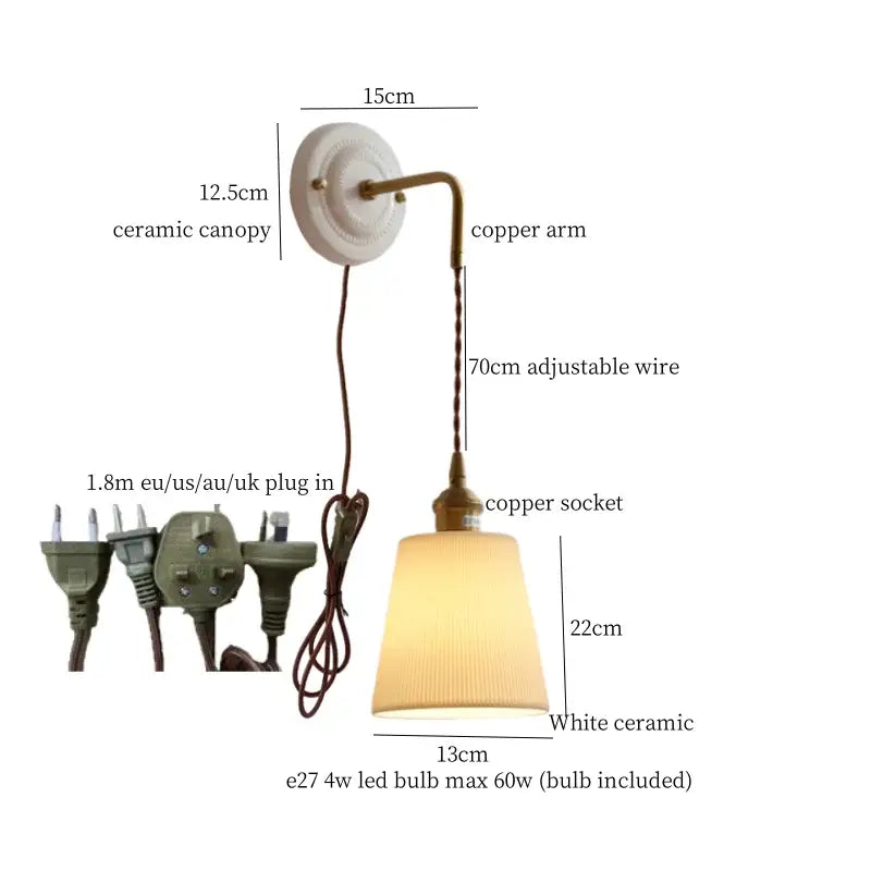 Vintage ceramic and brass wall sconce – bedroom adjustable led light