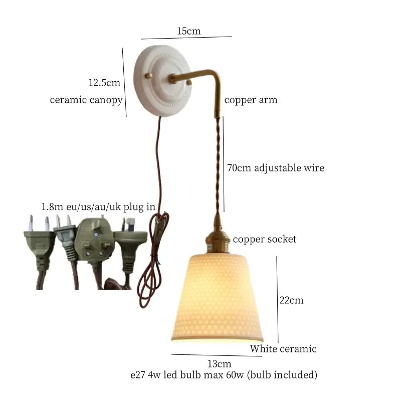Vintage ceramic and brass wall sconce – bedroom adjustable led light