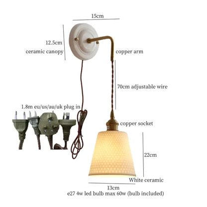 Vintage ceramic and brass wall sconce – bedroom adjustable led light