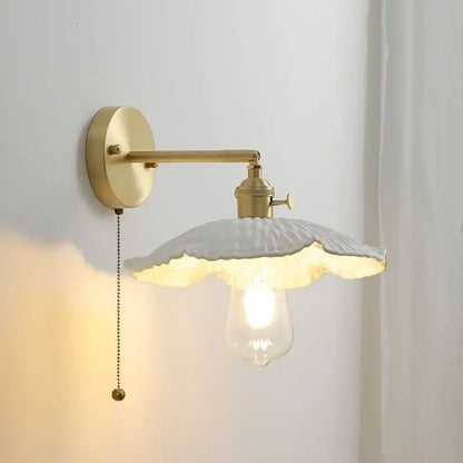 Vintage ceramic copper led wall light for bedroom with ruffled shade