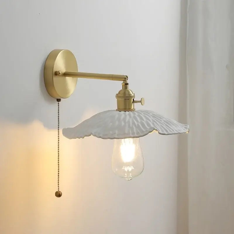 Vintage ceramic copper led wall light for bedroom with ruffled shade